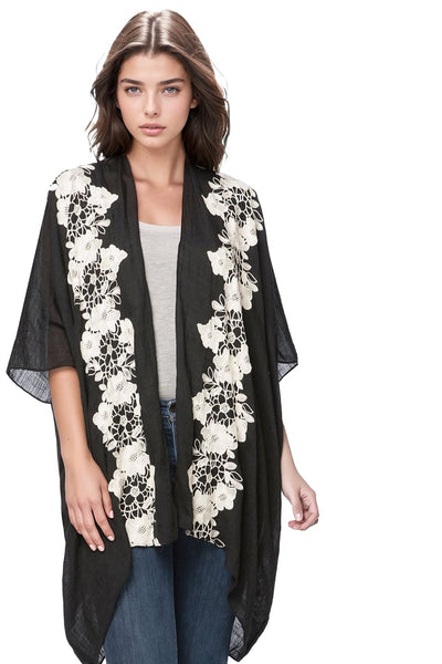 Pool to Party Kimono One Size / Black / 80% Polyester/20% Rayon Stitched Appliqué Lace Floral Kimono in Black