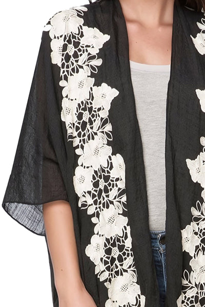 Pool to Party Kimono One Size / Black / 80% Polyester/20% Rayon Stitched Appliqué Lace Floral Kimono in Black