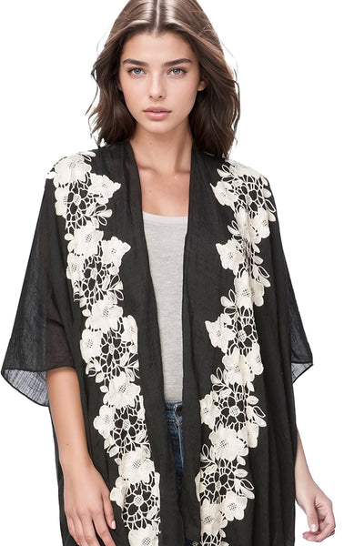 Pool to Party Kimono One Size / Black / 80% Polyester/20% Rayon Stitched Appliqué Lace Floral Kimono in Black