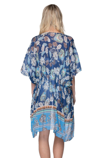 Pool to Party Kimono One Size / Blue / 100% Cotton Floral Tapestry Open Kaftan