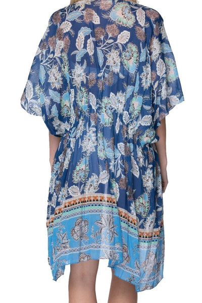 Pool to Party Kimono One Size / Blue / 100% Cotton Floral Tapestry Open Kaftan