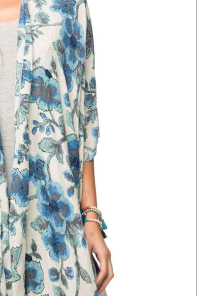 Pool to Party Kimono One Size / Blue / Cotton/Linen Denim Flowers Kimono Wrap