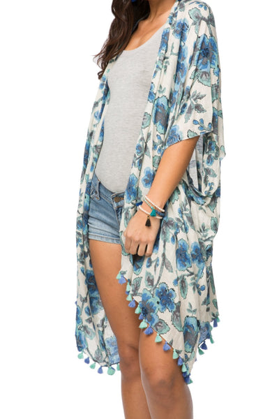 Pool to Party Kimono One Size / Blue / Cotton/Linen Denim Flowers Kimono Wrap