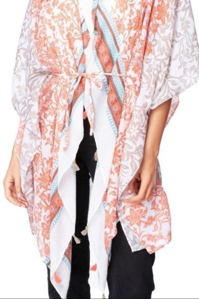 Pool to Party Kimono One Size / Dune/Orange / 100% Polyester The Cabana Kimono Coverup in Botanical Lattice Print