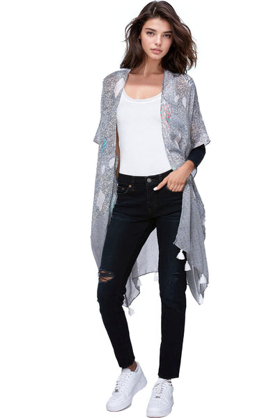 Pool to Party Kimono One Size / Grey / 100% Soft Hand Poly Veil of Time Print in Kimono Coverup