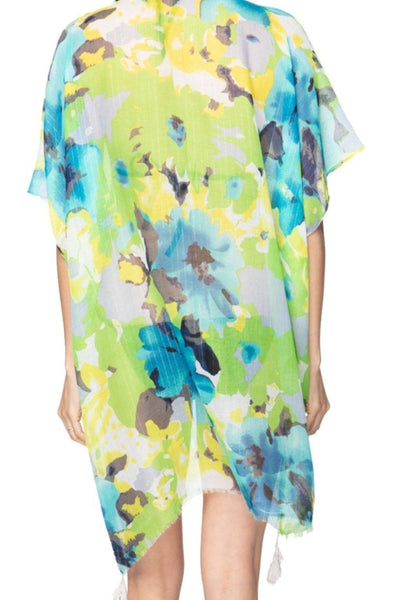 Pool to Party Kimono One Size / Lime / 100% Sheer Poly Luminous Blooms Print Coverup Kimono Wrap
