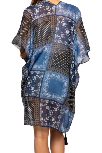 Pool to Party Kimono One Size / Navy / 100% Polyester Bandana Blues Print Kimono Wrap