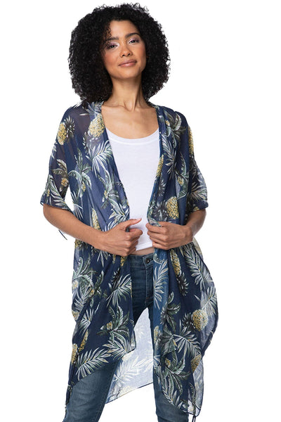 Pool to Party Kimono One Size / Navy / 100% Sheer Poly Cabana Party Print Coverup Kimono Wrap