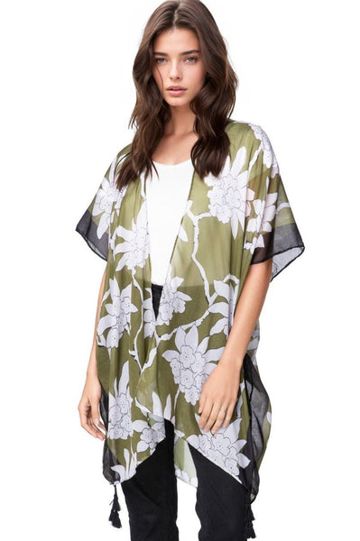 Pool to Party Kimono One Size / Olive / 100% Polyester On the Vine Print Coverup Kimono Wrap