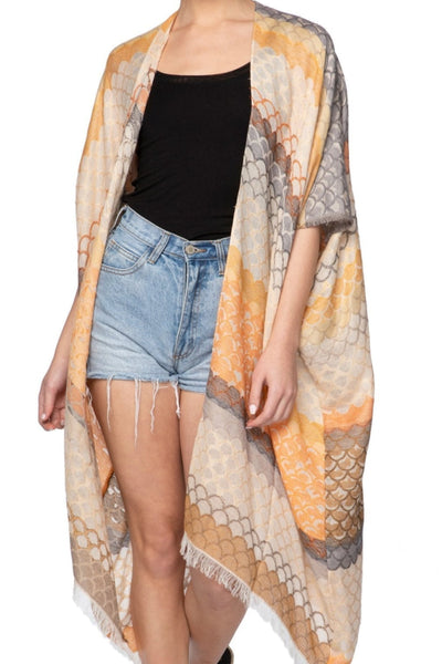 Pool to Party Kimono One Size / Orange / 50% Cotton, 30% Modal, 20% Linen Desert Scallops Print Kimono in Orange