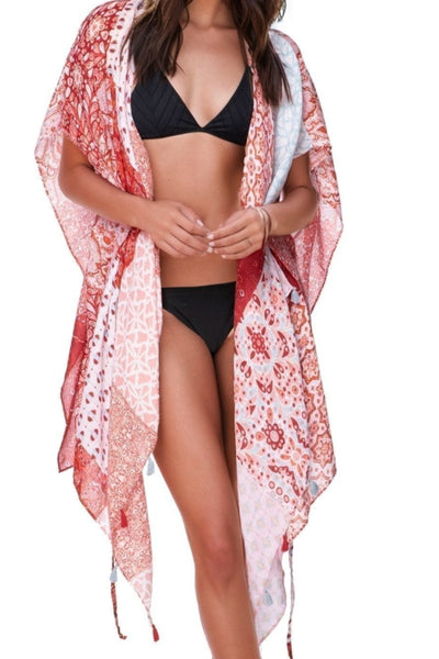 Pool to Party Kimono One Size / Red / 100% Polyester The Cabana Kimono in Marisa Patches Print