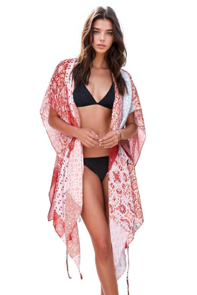 Pool to Party Kimono One Size / Red / 100% Polyester The Cabana Kimono in Marisa Patches Print