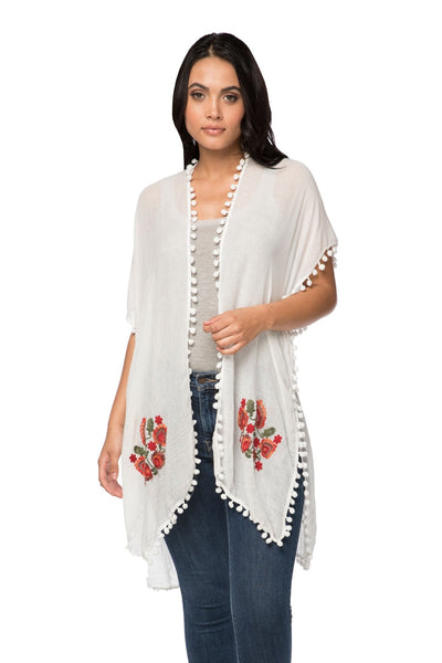Pool to Party Kimono One Size / White / 65% Polyester/35% Viscose Woodstock Embroidered Kimono with Mini Pom Pom