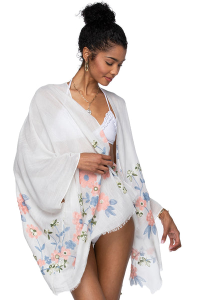 Pool to Party Kimono One Size / White / 80% Polyester/20% Rayon Daisy Chain Embroidered Crop Kimono Wrap