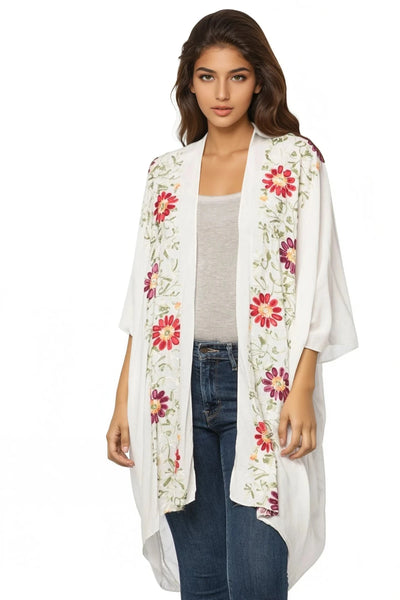 Pool to Party Kimono One Size / White / 80% Polyester/20% Rayon Floral Vines Embroidered Kimono Coverup