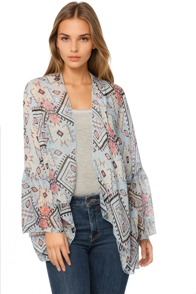 Pool to Party Kimono P2PBKCN8-PS Aztec Sky / One Size Cropped Bell Sleeve Kimono Coverup in Assorted Prints