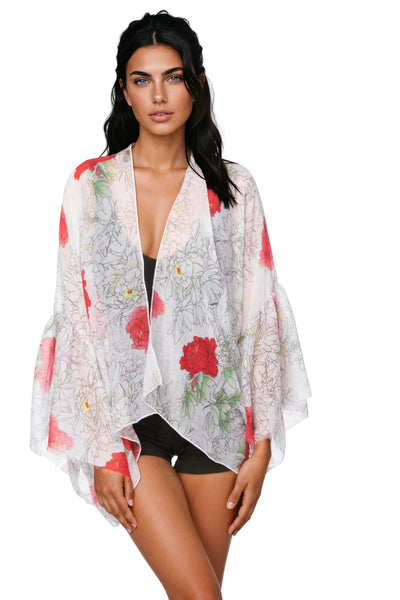 Pool to Party Kimono P2PBKCP29 Dash of Roses White / One Size Cropped Bell Sleeve Kimono Coverup in Beautiful Floral Prints