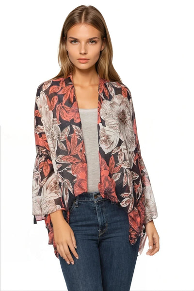 Pool to Party Kimono P2PBKCP37-PS Rainforest Flowers Pink / One Size Cropped Bell Sleeve Kimono Coverup in Assorted Prints