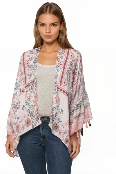 Pool to Party Kimono P2PBKCS84-PS Antique Haven Pink / One Size Cropped Bell Sleeve Kimono Coverup in Assorted Prints