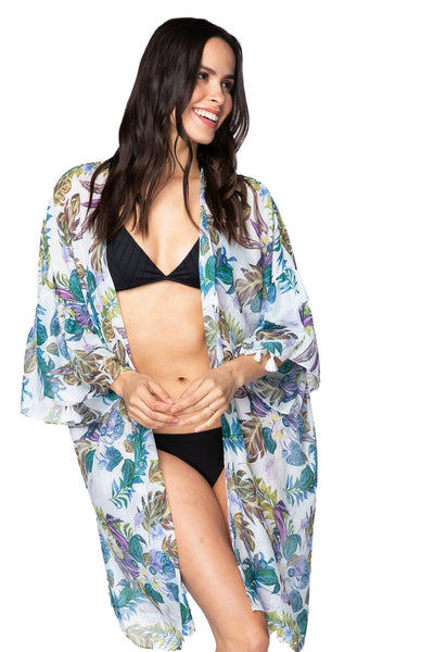 Pool to Party Kimono P2PBKJD1-PS Bali Garden Multi / One Size Bell Kimono Sleeve Kimono Coverup in Sheer Print | Warehouse Sale Now