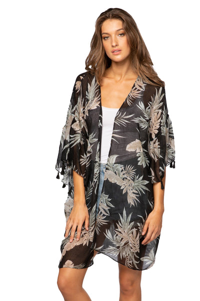 Pool to Party Kimono P2PBKJP53-PS Palm to Dusk Black / One Size Bell Kimono Sleeve Kimono Coverup in Sheer Print | Warehouse Sale Now