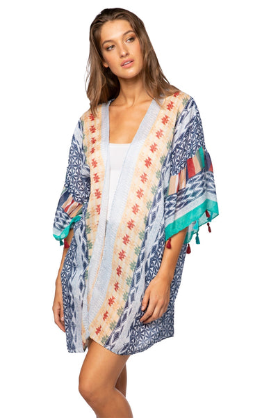 Pool to Party Kimono P2PBKJP61-PS Summer Darling Blue / One Size Bell Kimono Sleeve Kimono Coverup in Sheer Print | Warehouse Sale Now