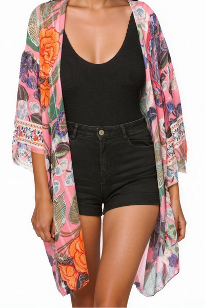 Pool to Party Kimono P2PBKJS19-PS Enchanting Blooms Pink / One Size Bell Kimono Sleeve Satin Prints Beach Coverup