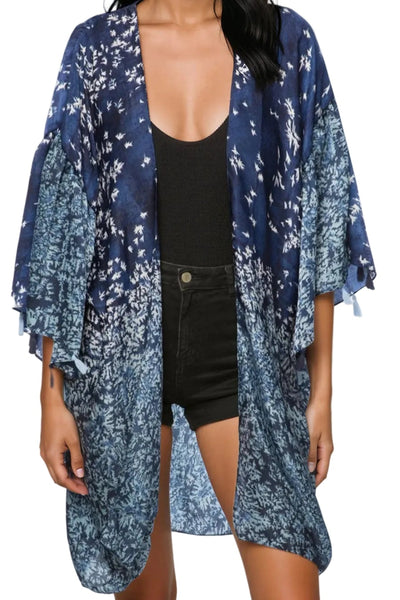 Pool to Party Kimono P2PBKJS33-PS Fly Free Navy / One Size Bell Kimono Sleeve Satin Prints Beach Coverup