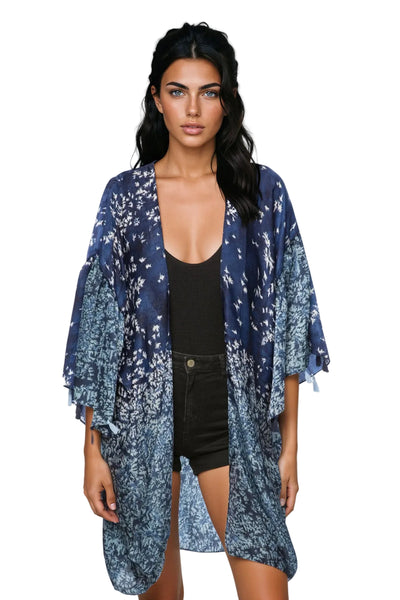 Pool to Party Kimono P2PBKJS33-PS Fly Free Navy / One Size Bell Kimono Sleeve Satin Prints Beach Coverup