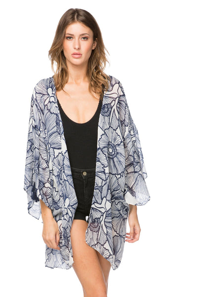 Pool to Party Kimono P2PBKJS36-PS Poppy Dreaming Navy / One Size Bell Kimono Sleeve Kimono Coverup in Sheer Print | Warehouse Sale Now