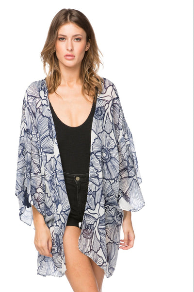Pool to Party Kimono P2PBKJS36-PS Poppy Dreaming Navy / One Size Bell Kimono Sleeve Kimono Coverup in Sheer Print | Warehouse Sale Now