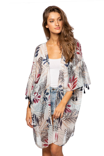 Pool to Party Kimono P2PBKJS69-PS Maui Wowie White / One Size Bell Kimono Sleeve Kimono Coverup in Sheer Print | Warehouse Sale Now