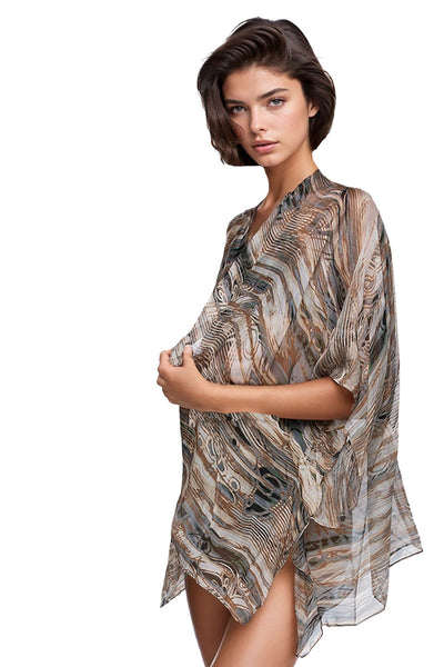 Pool to Party Kimono SPPPCS / One Size / WS-BR Brown Washed Stripes Enchanting Silky Print Crop Kimono Coverup