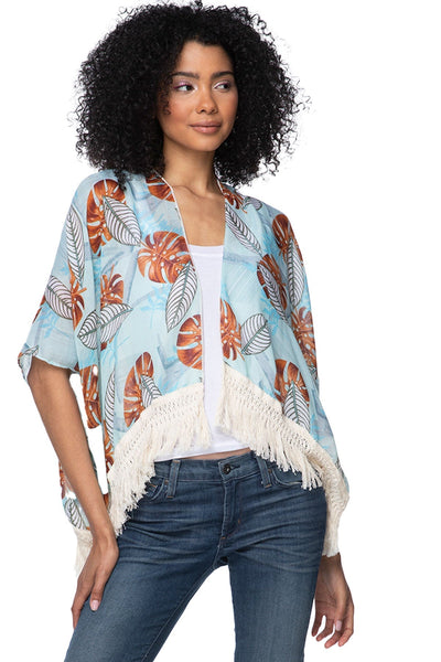 Pool to Party Kimono Tiki Hut Chc-Mint / One Size Soft Hand Luxury Fringe Edge Crop Kimono