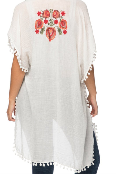 Pool to Party Kimono Woodstock Embroidered Kimono with Mini Pom Pom