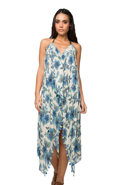 Pool to Party Maxi One Size / Blue / 100% Cotton Maxi Halter Sundress Coverup in Denim Flowers Print