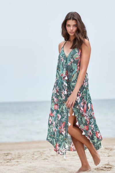 Pool to Party Maxi One Size / Green / 100% Poly Maxi Halter Sundress Coverup in Madagascar print