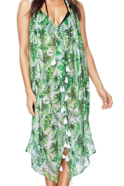 Pool to Party Maxi One Size / Green / 100% Poly Maxi Tassel Sundress Coverup in Leafy Delight Print