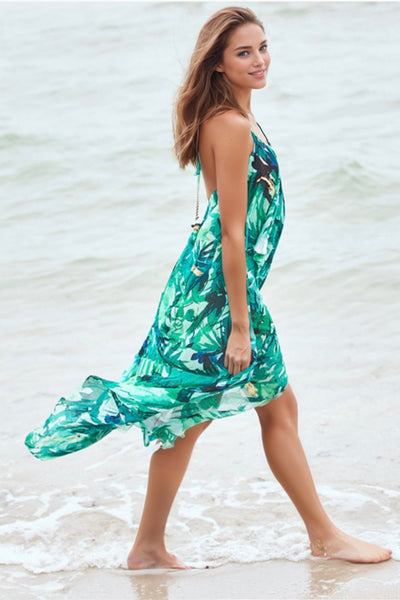 Pool to Party Maxi One Size / Green / 50% Modal/50% Viscose Maxi Halter Sundress Coverup in Jungle Dweller Print