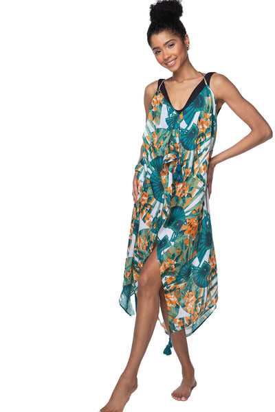 Pool to Party Maxi One Size / Jade / 100% Polyester Maxi Halter Sundress Coverup in Asian Garden Orange Green Print