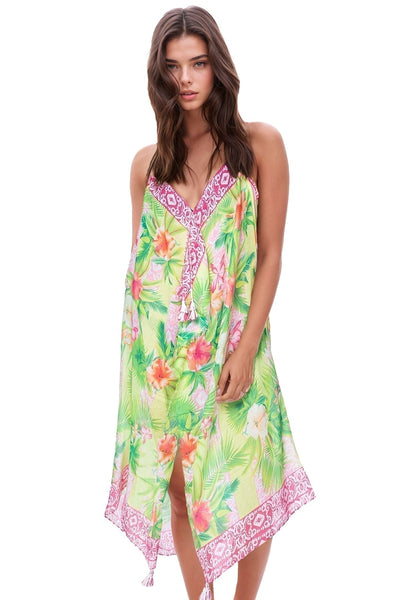 Pool to Party Maxi One Size / Lime / 100% Poly Maxi Tassel Sundress Coverup in Hawaiian Paradise Print