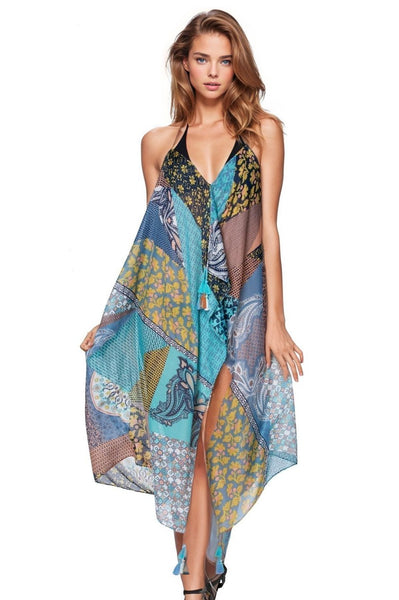 Pool to Party Maxi One Size / Multi / 100% Polyester Maxi Halter Sundress Coverup in Picnic Patchwork
