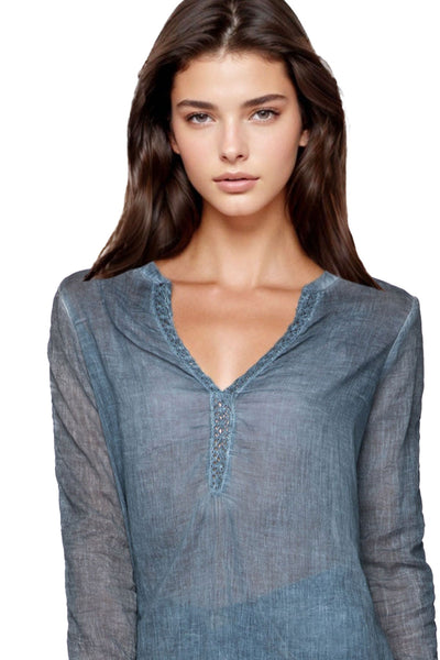 Pool to Party Shirts Lace-Trimmed Cotton Shirt: Effortless Style, Washed-Lived Look