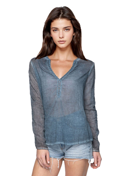 Pool to Party Shirts XS/S / Dark Denim / 100% Cotton Lace-Trimmed Cotton Shirt: Effortless Style, Washed-Lived Look