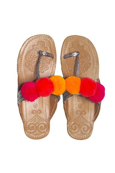 Pool to Party Shoes Pom Pom Sandal / 6 / Silver w/Sunset Trim Pom Pom Sandal in Silver Metallic