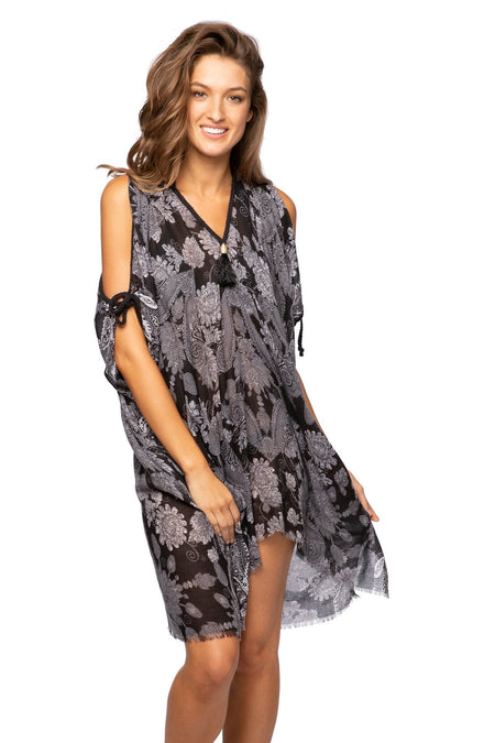 Nadia Wrap Dress Chambray in Charcoal with Ikat Trim