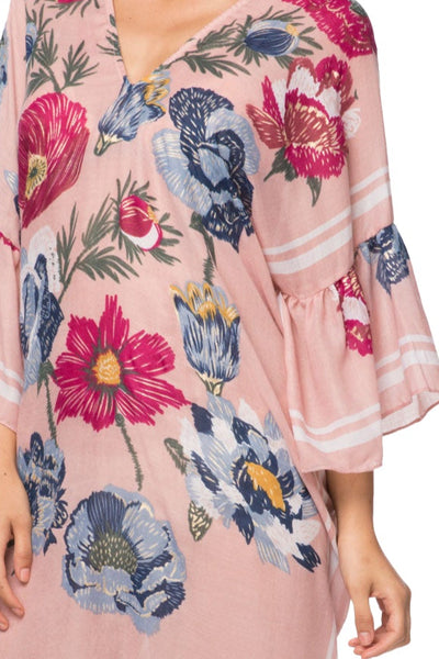 Pool to Party Sun Dress One Size / Blush / 100% Poly Flowers Forever Print | Bell Sleeve Kaftan Dress Coverup