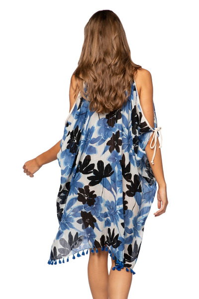 Pool to Party Sun Dress One Size / Indigo / 92% Cotton/2% Lurex Open Shoulder Dress in Blue Blossom Print