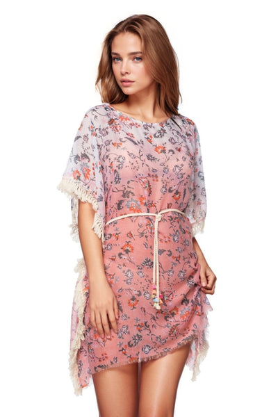 Pool to Party Sun Dress One Size / Pink Boho Beach Sundress Coverup with Fringe in Girly Girl Print