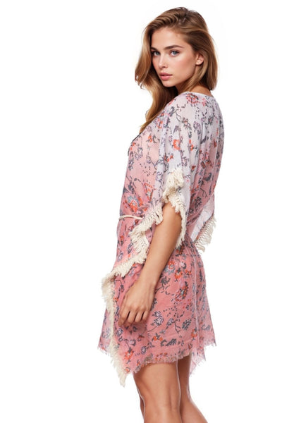 Pool to Party Sun Dress One Size / Pink Boho Beach Sundress Coverup with Fringe in Girly Girl Print
